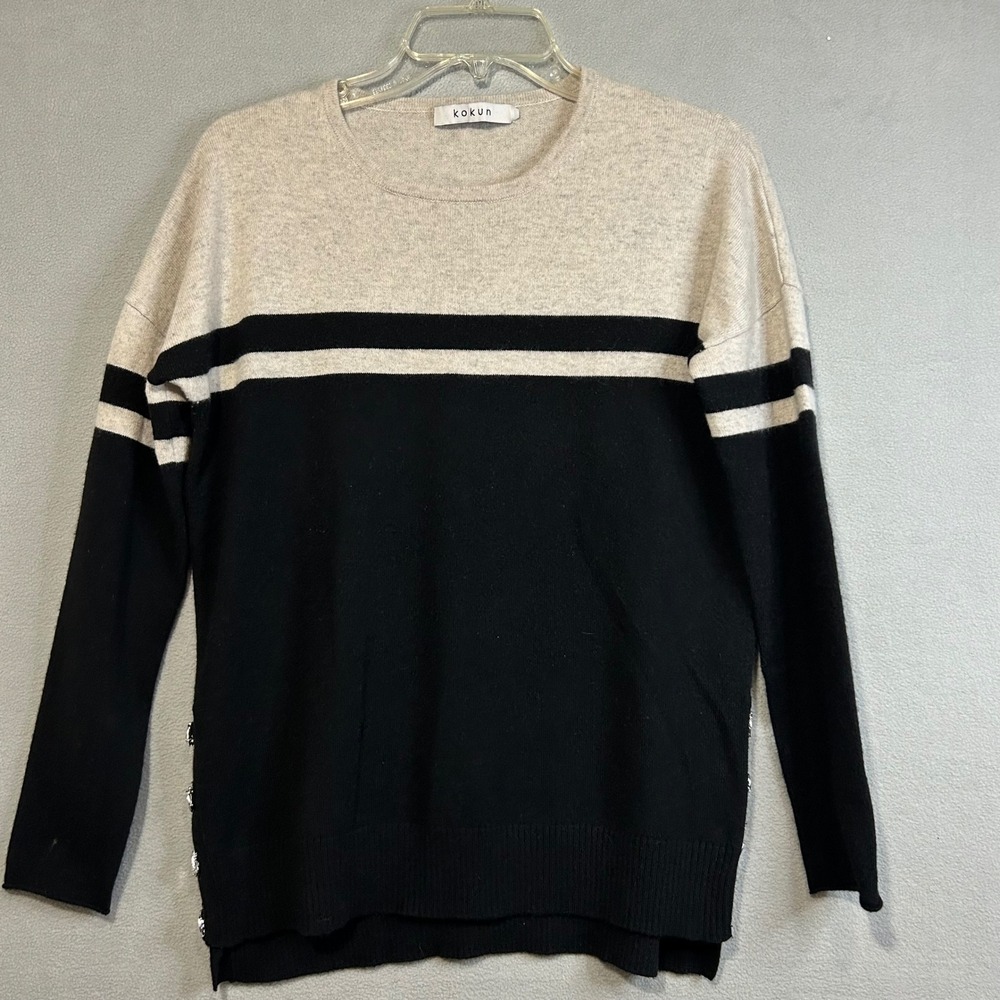 Kokun Side button Crew Neck Sweater Women's Medium Button‎ Detail Black Beige